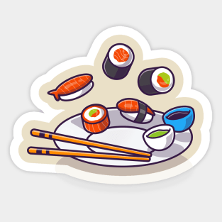 Sushi With Chopstick And Shoyu on Plate Cartoon Sticker